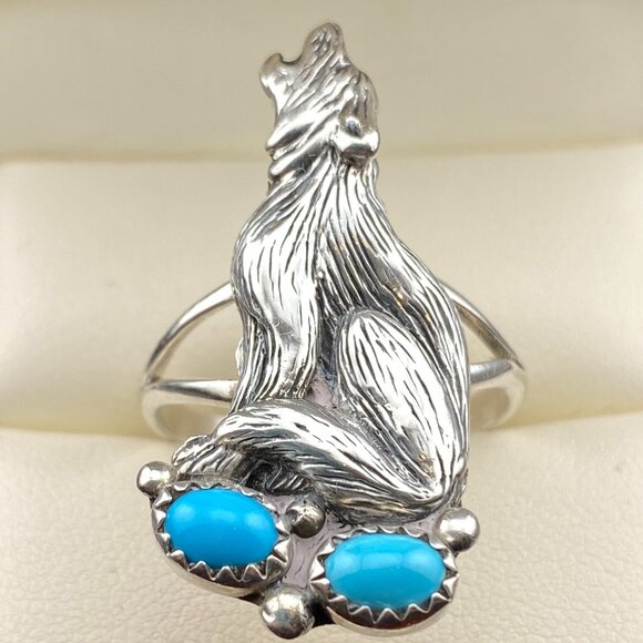 RARE Vtg Running Bear Trading Gallop Turquoise Sterling Silver Wolf Ring Sz 9.5 - Picture 14 of 16